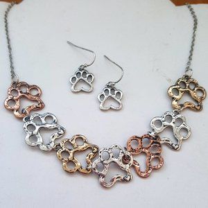Linked Paw Necklace and Earring Set Burnish Copper Silver and Gold Tone Metal